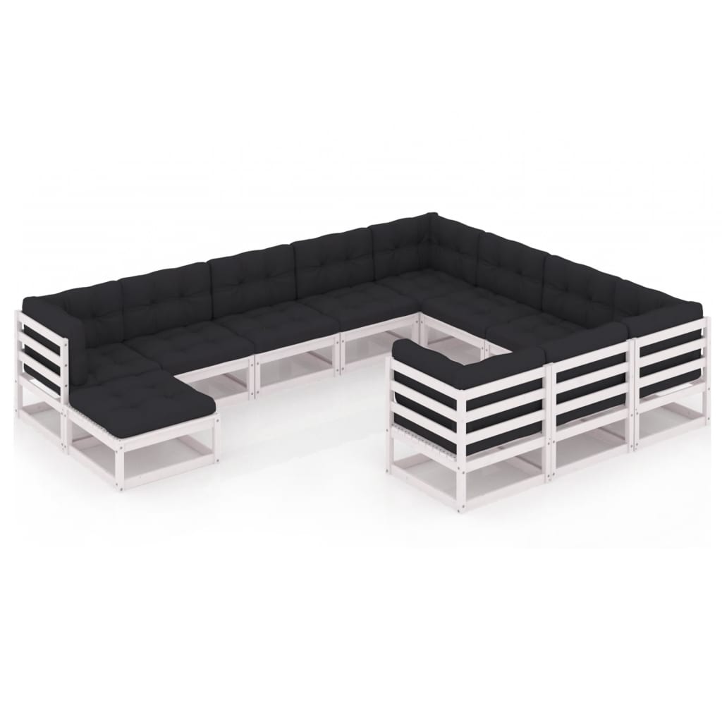 11-tlg. Garten-Lounge-Set mit Kissen Weiss Kiefer Massivholz